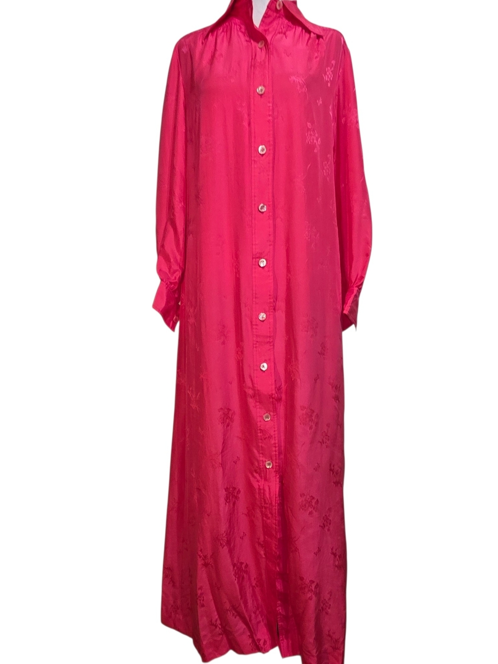 Vintage Lord & Taylor 100% Silk Hot Pink Floral Jacquard Maxi Shirt Dress 12
